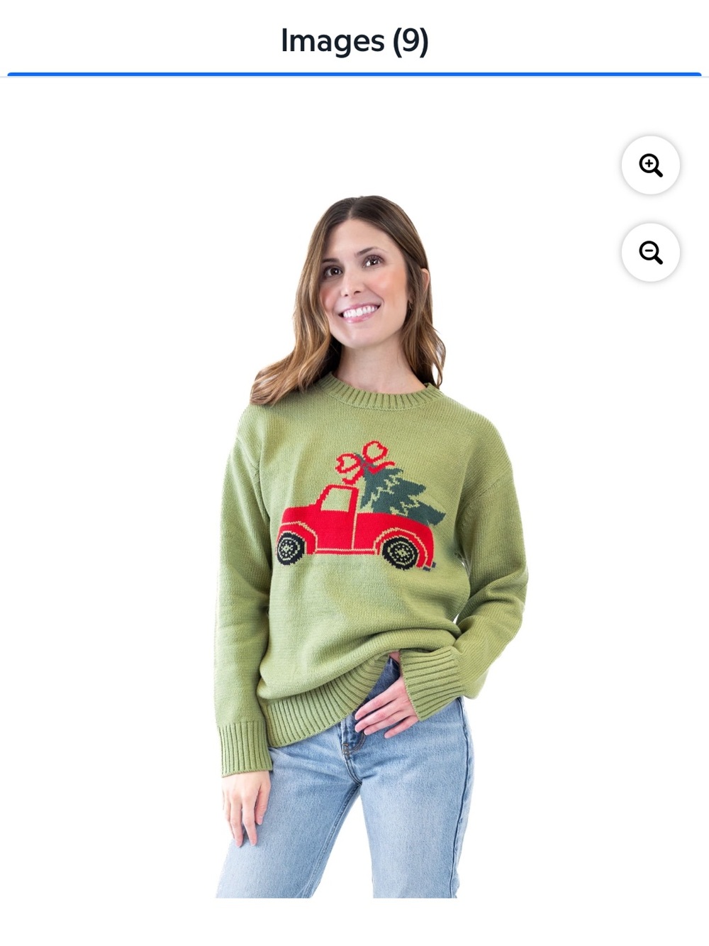 Mighty Fine Olive Green Crewneck Sweater with Red Truck Graphic